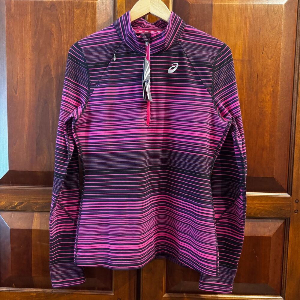 ASICS Thermostripe Women's 1/2 Zip Running Pullover Pink Black Top Large NEW